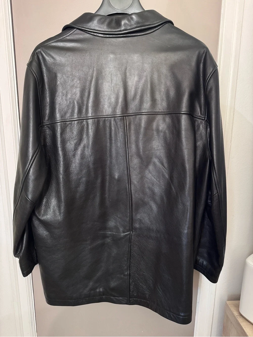 Andrew Marc Vintage Black Leather Trench Coat with Gold Quilted Lining